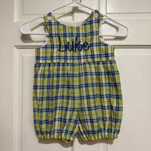 “Luke” 3T Blue Yellow Plaid Shortall Jon Jon Monogrammed One Piece Outfit Summer